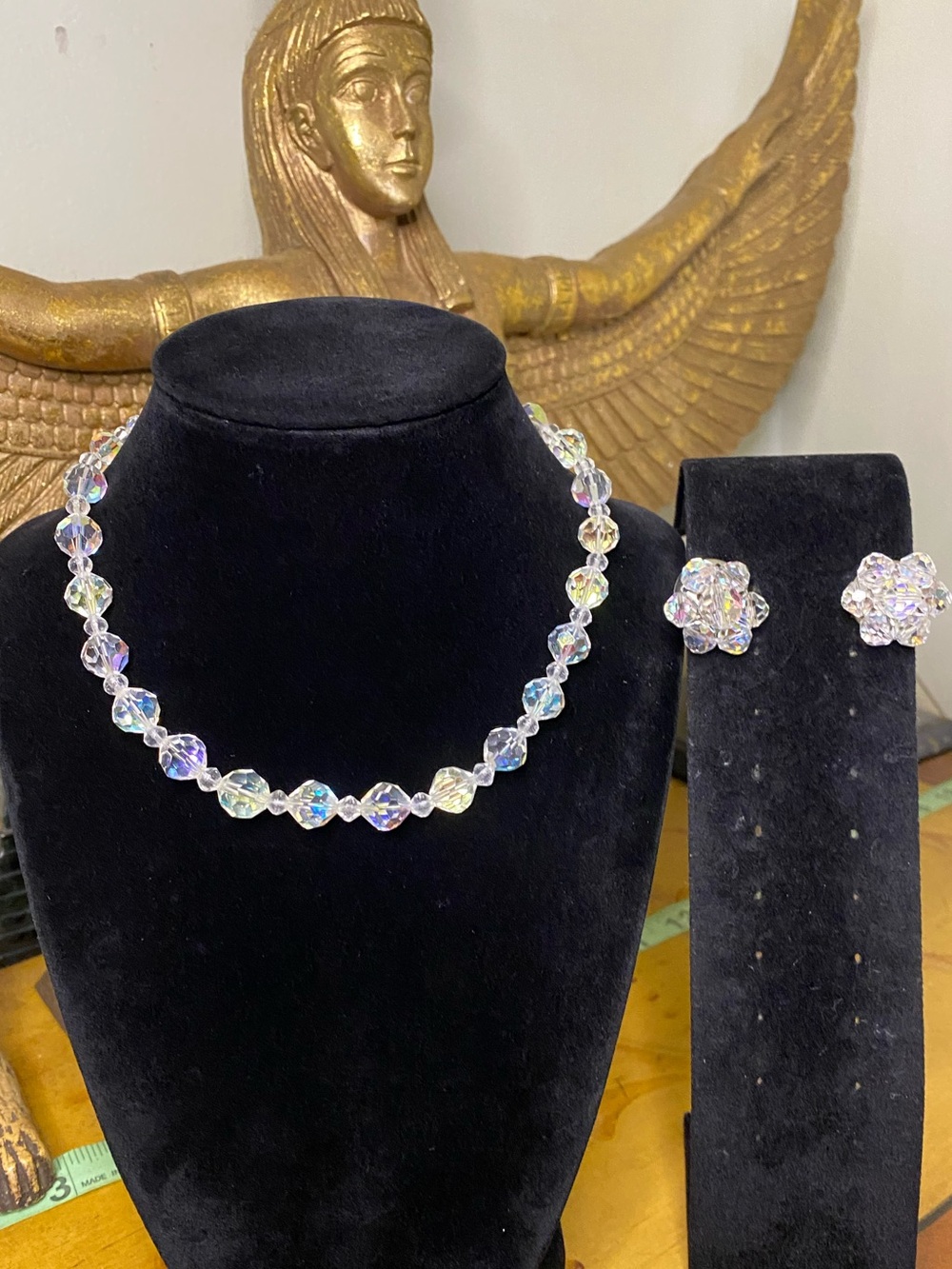 Vintage Aurora Crystal Bead Necklace and Floral Stud Earrings - Iridescent